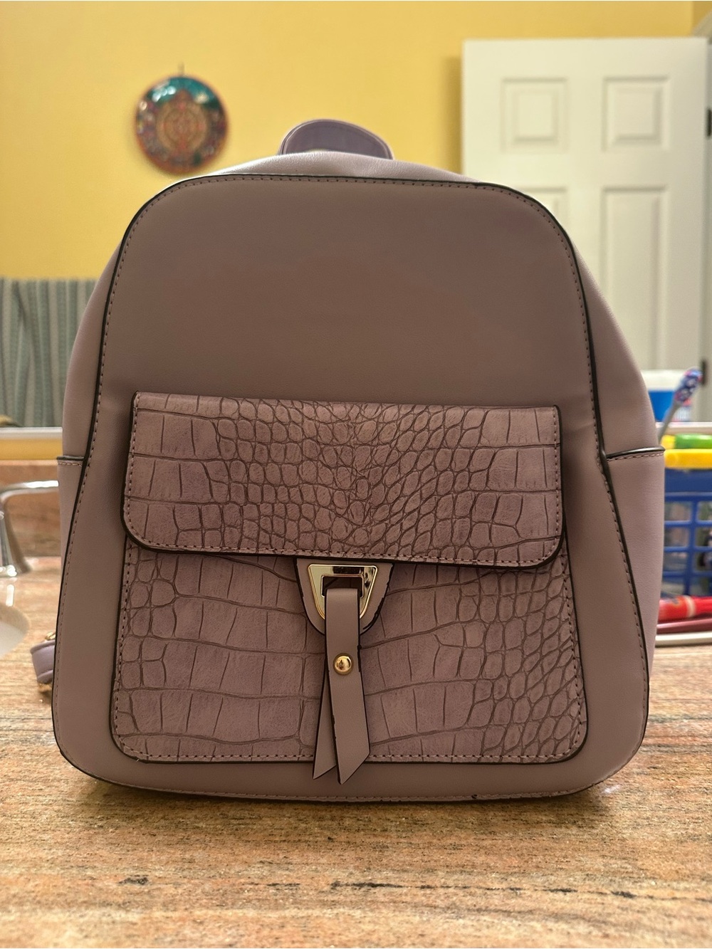 Taupe Faux-Croc Front Pocket Backpack - Unbranded